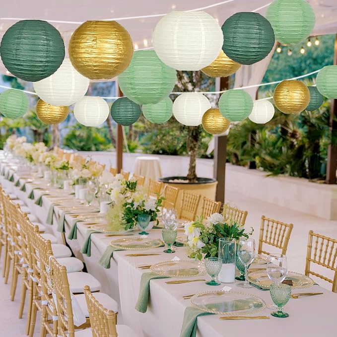 21-Pack Sage Green Paper Lanterns, Gold Round Hanging Decorations | Set for Graduation, Wedding, Bridal Shower, Birthday, Neutral Baby Celebration & Classroom Decor, 4/6/8/10 Inches