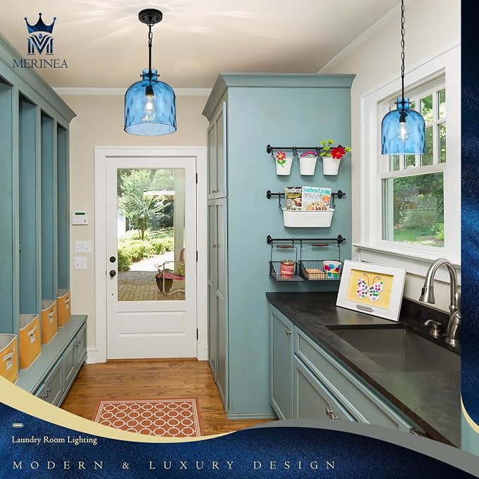 Blue Hammered Glass Pendant Light – 10-Inch Wide Single Dome Light Fixture, 1-Light E26 Ceiling Hanging Lamp for Kitchen Island, Dining Room, Hallway