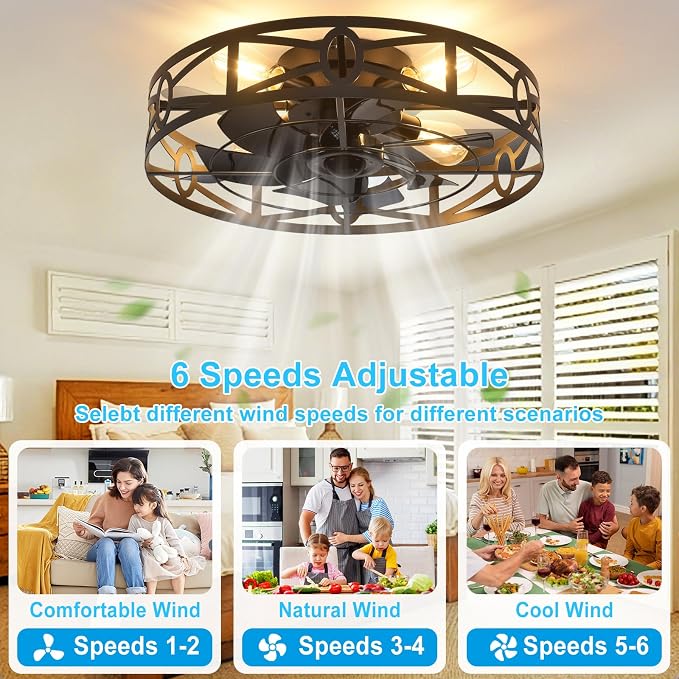 Depuley Flush Mount Ceiling Fan: 20" Caged Ceiling Fans with Remote Control for Patio Kitchen Bedroom - Low Profile Fandelier Lights Fixture Reversible 6 Speed Timer Black 4*E26 Bulb Not Included