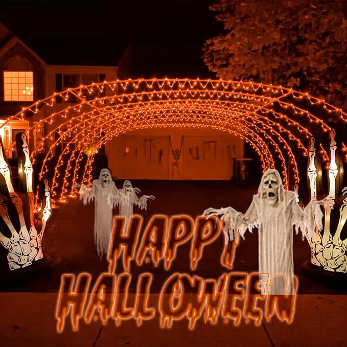 YEGUO Solar Halloween Lights, 2 Packs Each 33ft 100 LED String Lights Outdoor Waterproof, 8 Modes Fairy Lights in Clear Thin Tube for Camping Fence Patio Garden Trampoline Deck(Orange)