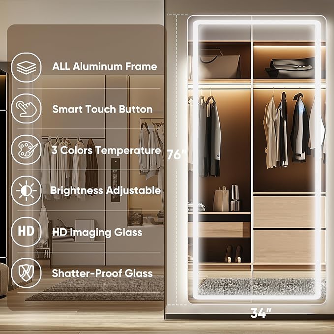 Antok LED Full Length Mirror with Light, 76"x34" Lighted Full Body Mirror with Stand, Dimmable & 3 Color Lighting Standing/Leaning/Wall Mounted Vanity Mirror for Bedroom Cloakroom Livingroom(Rect)