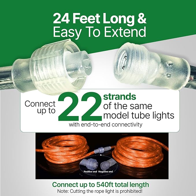 Tupkee LED Rope Light Orange - for Indoor and Outdoor use, 24 Feet (7.3 m) - 10MM Diameter - 144 LED Long Life Bulbs Rope Tube Lights - Pack of 2