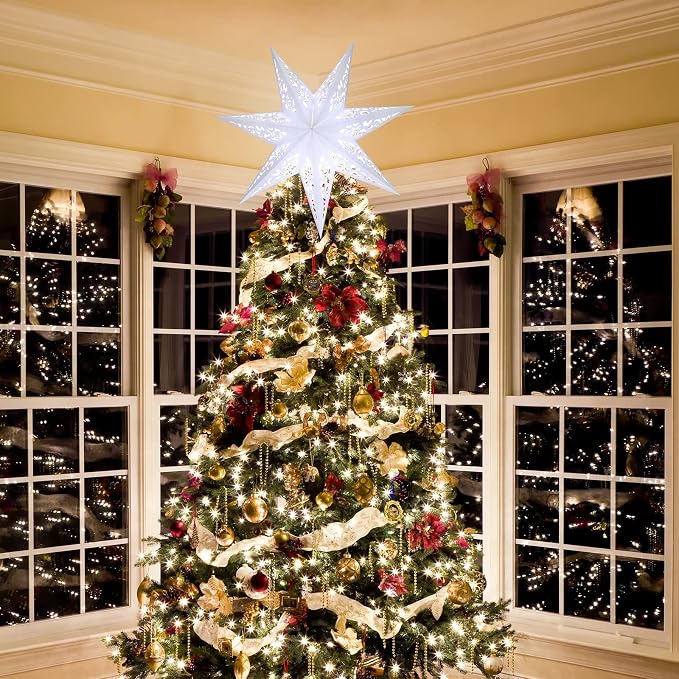 Kingdder 20 in Christmas Paper Star Lanterns Lampshade with White LED Light 7 Pointed Moroccan Hollow out Stars Hanging Party Decoration for Weddings Christmas Tree Birthday
