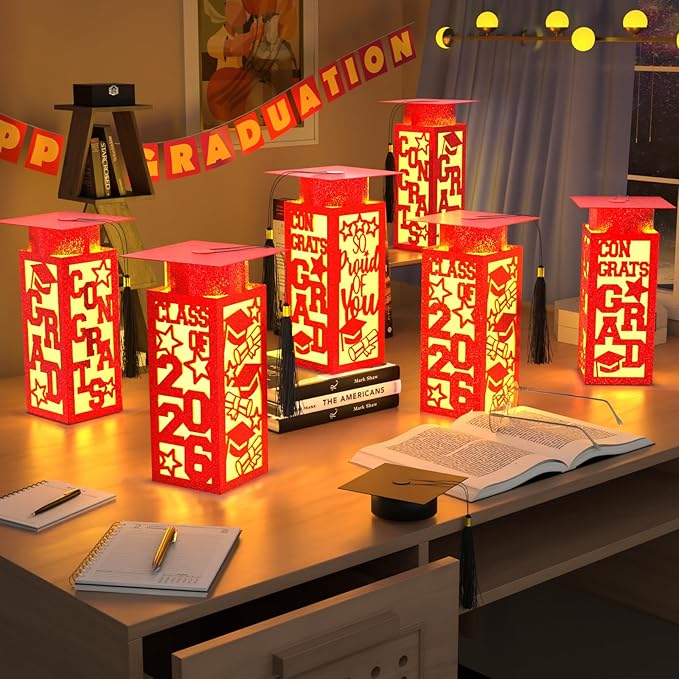6 Pcs Graduation Table Centerpieces Boxes Class of 2026, Red Graduation Paper Lanterns Boxes with String Lights Hollow Out for Congrats Grad School College Table Decorations Grad Party Photo Props