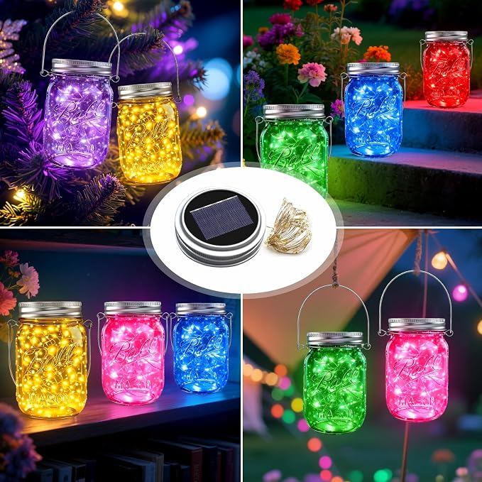 Mason Jar Solar Lights for Outside, 12 Pack 30LED(NO Jars) Fairy Firefly Lights Mason Jar Solar Lids Outdoor Waterproof String Lights with Hangers for Patio Garden Yard Lawn Decor(6 Colors)