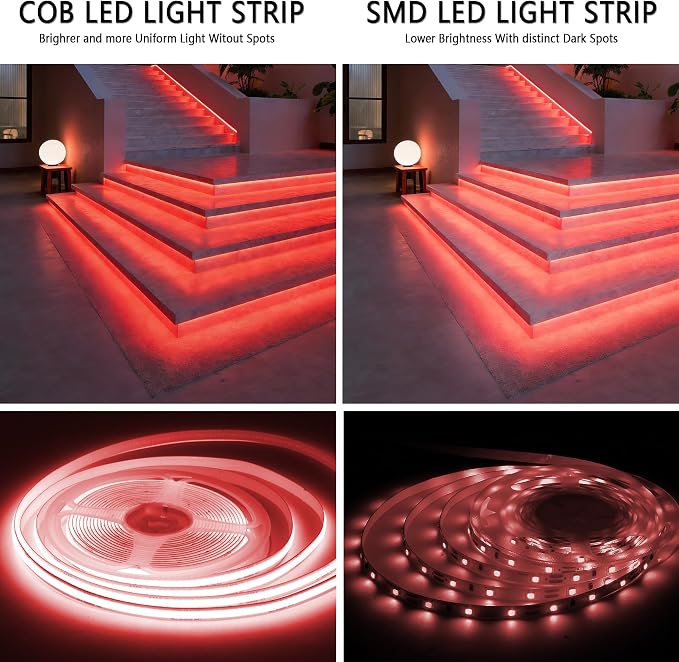 Red COB 20Ft LED Strip Lights 24V Dimmable High CRI95+ Ultra Bright Flexible LED Tape Lights LED Lights Strip Rope Lights for Romantic Wedding Anniversary Home Bedroom Indoor Decorative Lighting