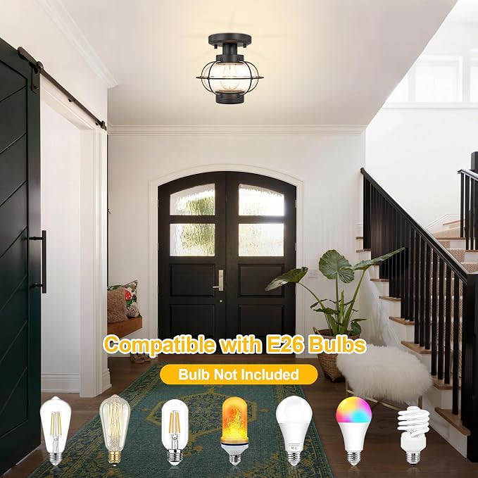 Porch Ceiling Light Fixture, Industrial Flush Mount, Glass Globe, E26 | Farmhouse Design for Indoor & Outdoor. Ideal for Hallway, Bedroom, Balcony, Stairway. Easy to Install. Hardware Included.