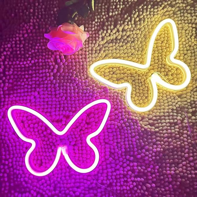 Butterfly Neon Signs 2Pieces,LED Neon Light for Wall Office Dorm Wedding Birthday Party Room Wall Decor,Butterfly Decorations Light for Teen Girls,USB or 3-AA Battery Powered(Warm White+Pink)