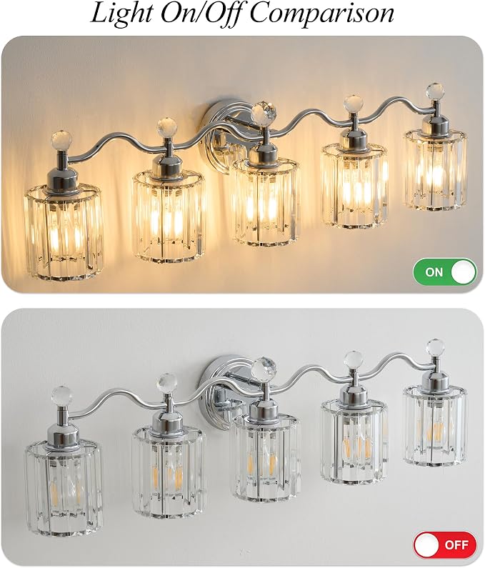 Bathroom Vanity Light Fixtures 5-Lights,Chrome Vanity Lights for Bath, Bathroom Lights Fixture with Clear Crystal Glass Shade, Modern Wall Light Over Mirror, Wall Sconces Light for Hallway