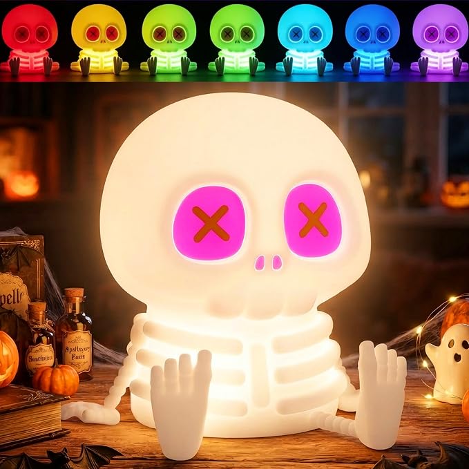 YR YRHH-PET Skeleton Lamp, Skull Halloween Decor Gift, Kids Night Light Toy | 8 Colors, Safe Silicone, Cool Cute Dimmable Indoor Decor, Squishy Lamp For Office Nursery College, Women Summerween Home Gift