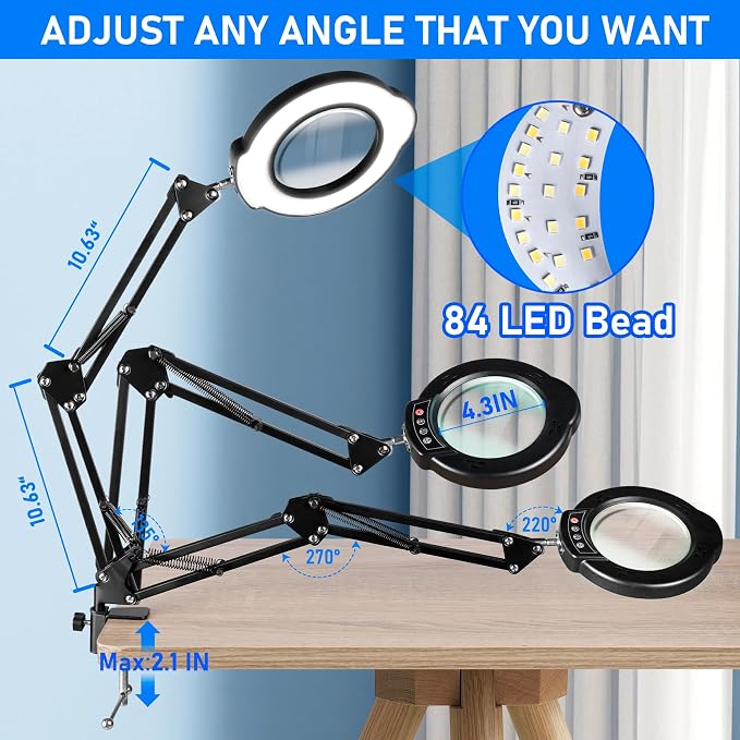 10X Magnifying Glass with Light and Stand, LED Desk Lamp with Clamp, 5 Color Mode, 10 Dimmable Levels, Hands Free for Reading Crafts Jewelry Sewing Close Work