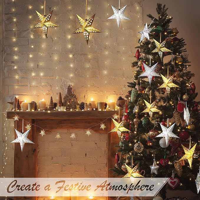 Zhanmai 10 Pcs Large 3D Paper Star Lantern with 10 LED Lights 11.8 Inch 5 Point Hollow Hanging Paper Star Lampshade Decoration Light Lanterns for Wedding Birthday New Year Party Home Decor