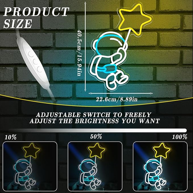 Astronaut Star Neon Sign Spaceman LED Neon Light for Wall Decor Dimmable Astronaut Holding Stars Signs Lights Space Decor for Boys Christmas Gift, Kids, Game Room, Man Cave
