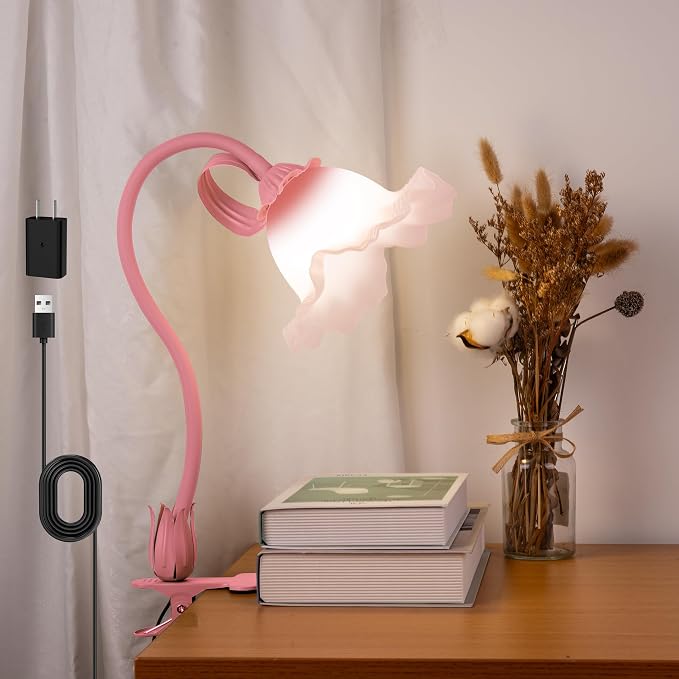 Flower Clip On Desk Lamp for Home and Dorm - Cute Floral Clip On Bedside Book Reading Light, Pink Flower Bunk Bed Lighting, Kawaii Led Flexible Gooseneck Table Lamp for Headboard with Clamp
