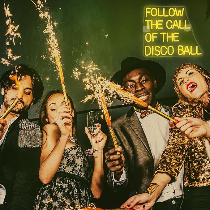 NOSUN Follow The Call of The Disco Ball Neon Sign,Neon Signs for Wall Decor Yellow Neon Sign,Dimmable Disco Neon Lights for Disco Party Decor Neon Signs Letter Led Lights for Dancing Club Wall Decor