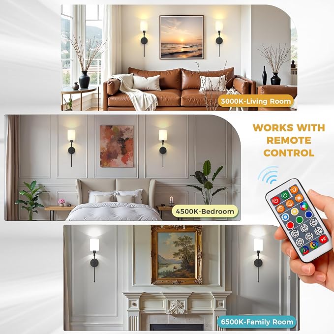 Battery Operated Wall Sconce: Set of 2 Wireless Wall Lights with 12000mAh | 15 Color Rechargeable Wall Sconces, Not Harwired Sconce Wall Decor Set of 2 for Bedroom, Living Room, Black 24.3in