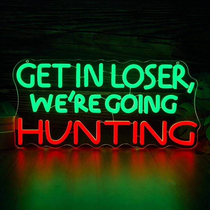 Funny Hunting Neon Sign - LED Light for Man Cave Garage, Country Outdoor Decor, Deer Hunter Wall Art Gift for Guys, Dimmable USB Powered(16.9 * 7.5inch)