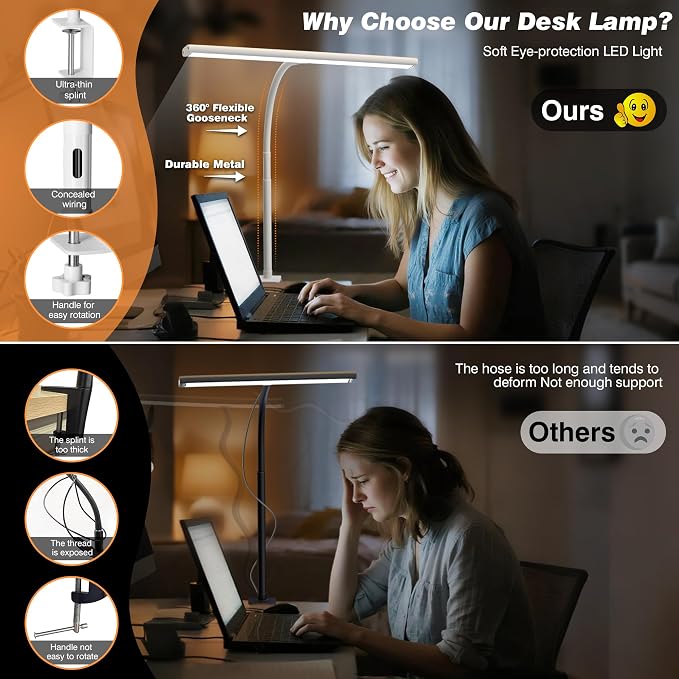 Airlonv LED Desk Lamp for Office Home, Eye-Caring Desk Light with Stepless Dimming Adjustable Flexible Gooseneck, 10W USB Adapter Desk Lamp with Clamp for Reading, Study, Workbench