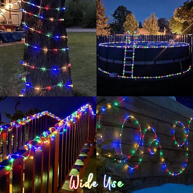 QITONG Multicolor Solar Rope Lights, 2 Pack Each 33ft 100 LED Trampoline Lights, Fairy Lights in Clear Thin Tube with 8 Modes