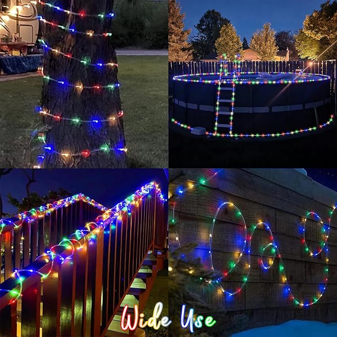 QITONG Solar Rope Lights Outdoor, 66ft 200 LED Multicolor Solar Tube Lights, Trampoline Fairy Lights in Clear Thin Tube with 8 Modes