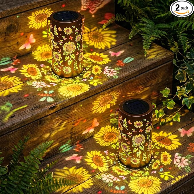2Pack Colorful Solar Lanterns Outdoor Waterproof, Garden Decor Gifts for Women Mom Grandma - LED Colorful Sunflower Solar Powered Lights Metal Hanging Lantern for Outside Garden Patio Yard Lawn Porch
