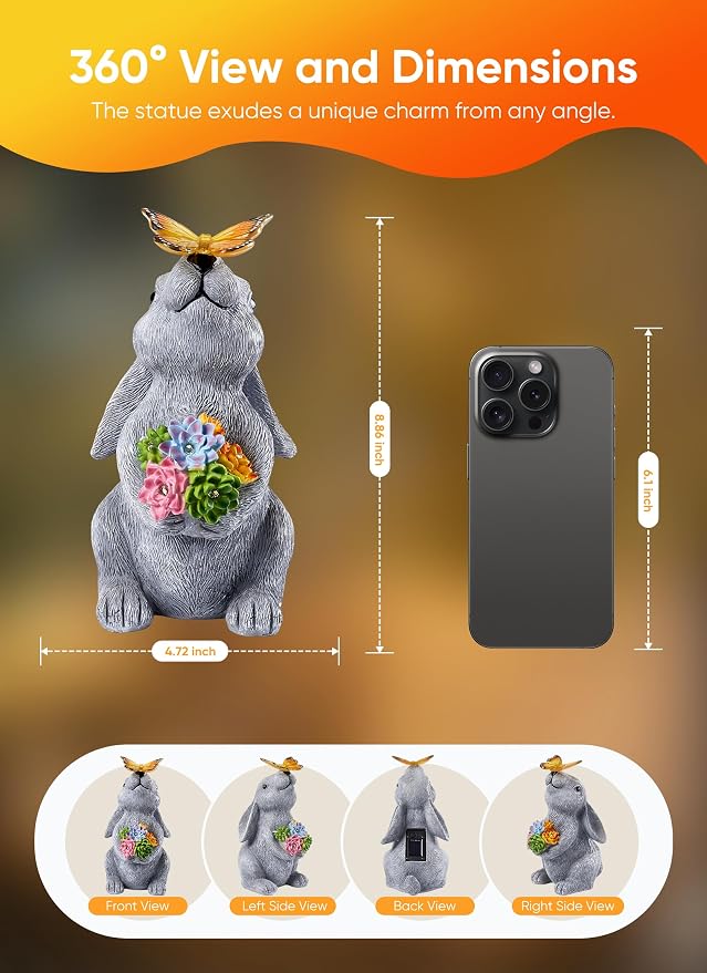 Brightown-Solar-Rabbit-Garden-Decor-Statue with 6 LED Lights, Hand-Painted Resin, IP65 Waterproof Outdoor Decor for Patio, Lawn & Yard Decorations, Unique Mothers Day Gifts for Mom Women