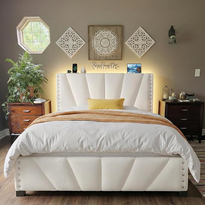 EnHomee Full Size Bed Frame with LED Lights & USB, Noise-Free, Beige | Adjustable Velvet Headboard，Under-Bed Storage，Heavy Duty Support with 12 Slats，No Box Spring Needed，Easy Assembly for Bedroom