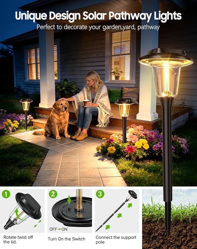 2026 New Solar Pathway Lights, 12 Pack Solar Lights Outdoor, Waterproof IP65, Upgraded Bright LED, Auto On/Off, Modern Garden Lights, Solar Powered Light for Yard, Lawn, Walkway, Driveway, Patio Decor