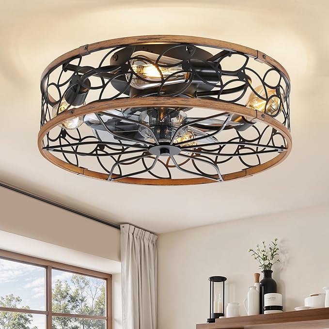 LEDIARY Caged Ceiling Fan with Light, Flush Mount Fandalier with Remote | Low Profile, Farmhouse Small, Bladeless Industrial, Quiet DC Motor, App Control for Bedroom, Kitchen, Dining Room, Walnut