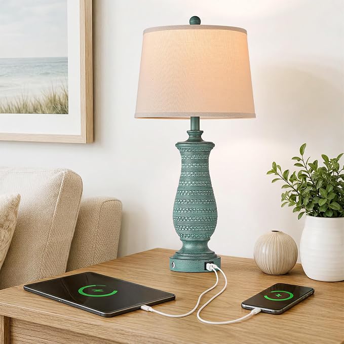 Living Room Lamps Set of 2, Table Lamps for Bedroom, Farmhouse Lamps for Nightstand with Oatmeal Linen Lampshade (Peacock Blue)