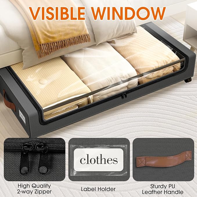 Under Bed Storage with Wheels 2Pack Storage Containers with Clear Window | Under Bed Drawers Rolling Under Bed Storage for Clothes,Shoes, Blankets (30.71 x 16.93 x 6.69 in, Dark Grey)