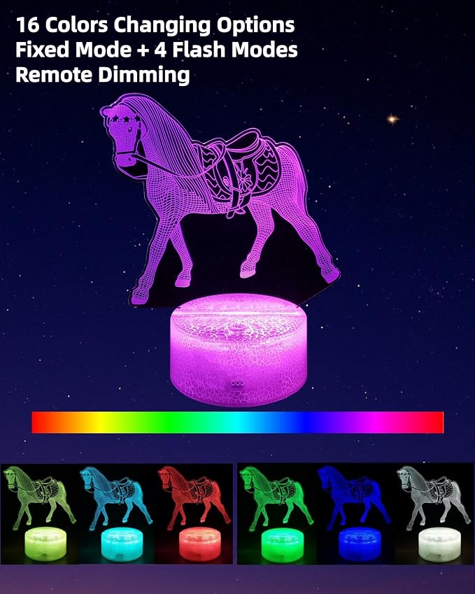 Horse 3D Illusion Night Light, 2 Patterns, Girl Gift Lamp | 16 Colors Changing, Dimmable, Touch & Remote Control, Room Bedroom Decor, Birthday Christmas Toy Stuff for Kid Teenage