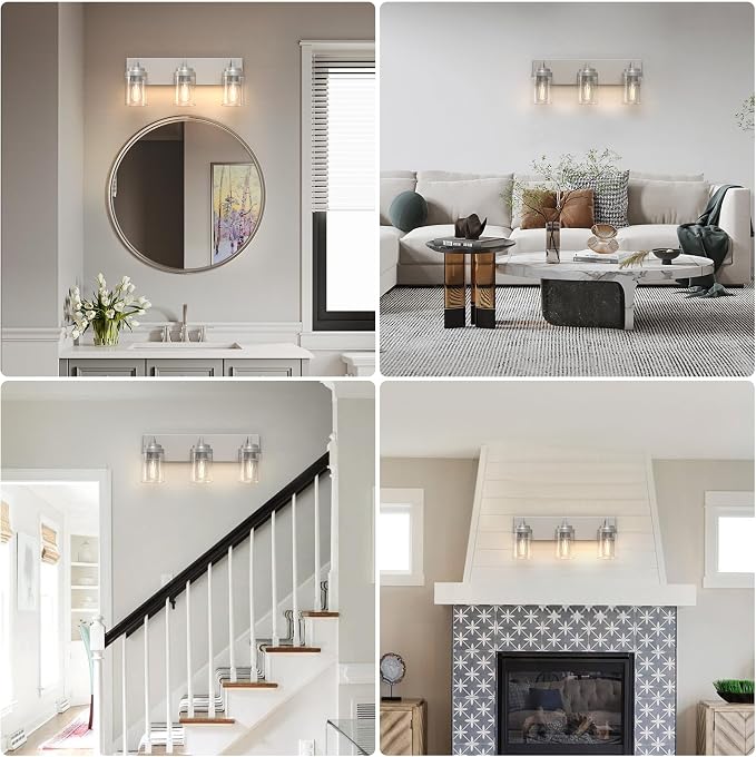 Bathroom Lighting Fixtures, 3-Light Bathroom Vanity Lights Over Mirror, Brushed Nickel Vanity Light with Glass Shade, Modern Vanity Lighting Fixtures for Bathroom, Bedroom, Hallway