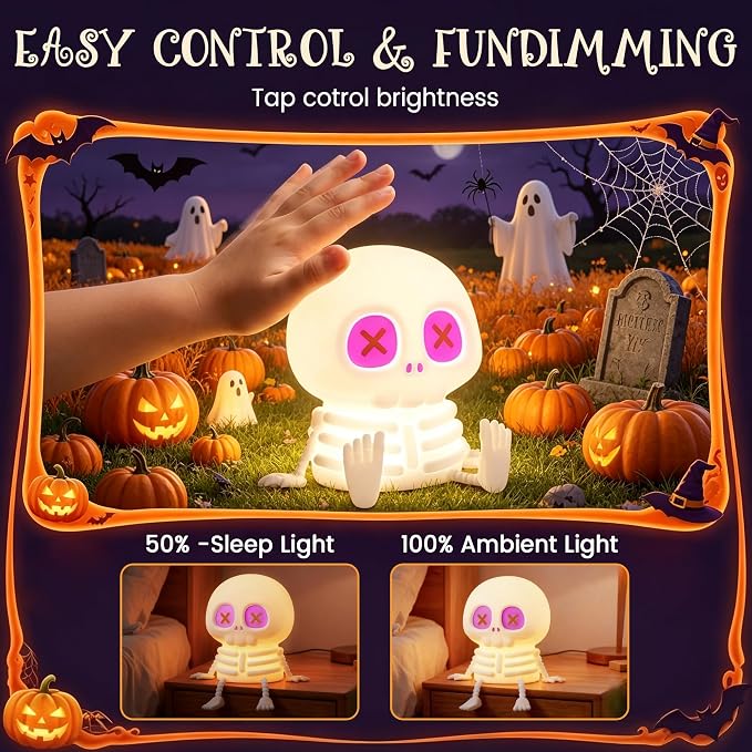 YR YRHH-PET Skeleton Lamp, Skull Halloween Decor Gift, Kids Night Light Toy | 8 Colors, Safe Silicone, Cool Cute Dimmable Indoor Decor, Squishy Lamp For Office Nursery College, Women Summerween Home Gift