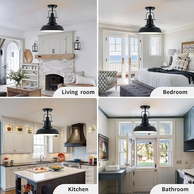 Zlepmlla Famrhouse Ceiling Light, Semi Flush Mount Light Fixture with Metal Dome Shade, Balck Ceiling Light for Hallway, Entryway,Kitchen