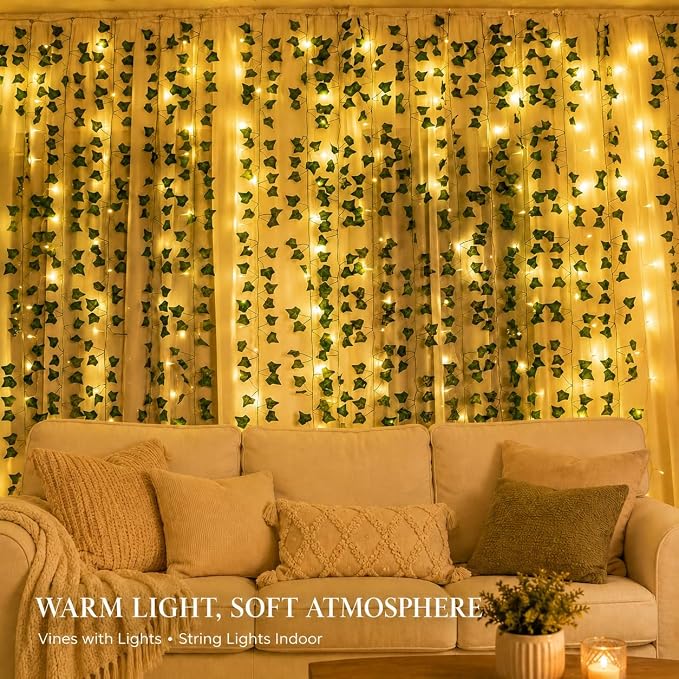 BobbleT Vines with Lights for Bedroom, 200 LED Fairy Curtain Lights | Warm White Fairy String Lights for Bedroom, 6.5 ft x 6.5 ft, USB Powered with Remote Control and 8 Modes for Bedroom & Dorm