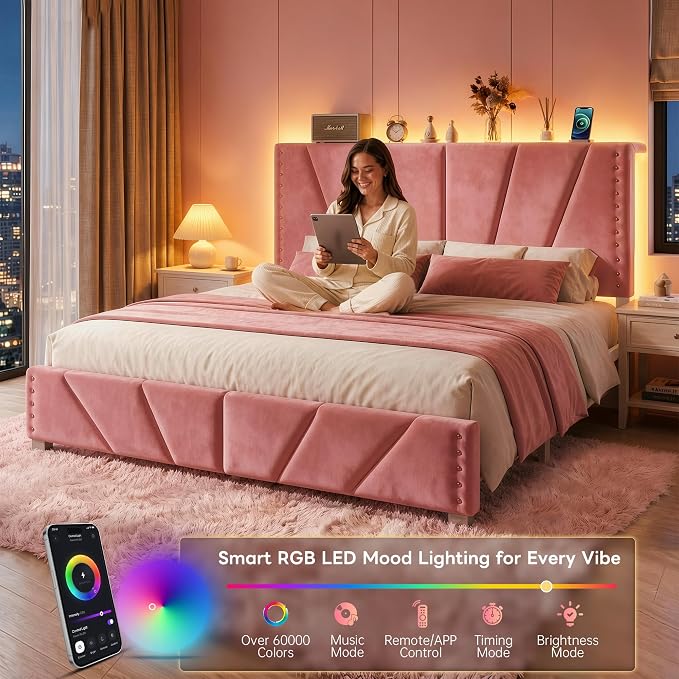 EnHomee Queen Bed Frame with LED Lights & USB, Noise-Free, Pink | Adjustable Velvet Headboard，Under-Bed Storage，Heavy Duty Support with 12 Slats，No Box Spring Needed，Easy Assembly for Bedroom