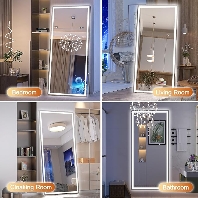 Hasipu Full Length Mirror with Lights, 71" x 32" LED Lighted Floor Standing, Full Body Dressing Hanging Mounted Mirror, Tempered Glass, Square White