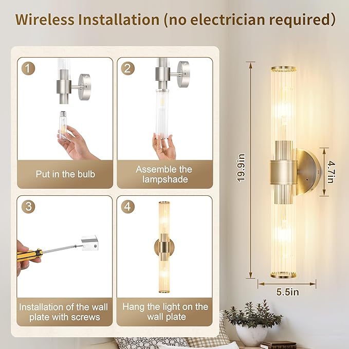 Morauroral Sand Nickel Battery Operated Wall Sconces Set of Two, Rechargeable Wall Sconce with Dimmable Remote Control, 20 Inch Wireless Sconce Wall Light for Bedroom, Living Room (Bulbs Included)