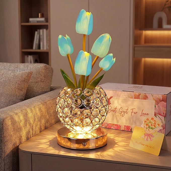 Birthday Gifts for Women Mothers Day Gifts/for Mom Tulip Table Lamp | 3 Color Crystal Flower Bedside Lamps Infinitely Dimming with USB Charge Small Night Light,Night stand Touch Lamp(Blue-tulip)