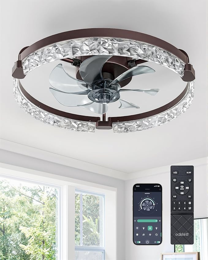 EDISHINE Ceiling Fans with Lights, 20'' Low Profile Flush Mount Fandelier | LED Low Profile Fan Light 3000-6000K Dimmable, 6 Speeds, DC Motor, APP Control, Modern Fandelier for Bedroom, Brown