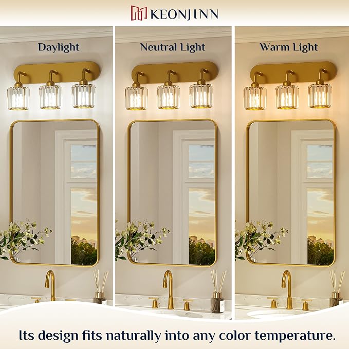 Keonjinn 6-Light Gold Crystal Bathroom Light Fixtures Over Mirror | Vanity Lighting Fixture with Crystal Square Shades, Dimmable, Modern Style, Compatible with E26 Base LED Bulbs (Exclude Bulb)