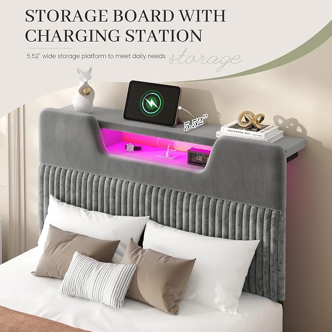 Homkdom Twin Bed Frame with Charging Station & Storage Headboard,Grey | 1USB-C & 2USB-A Charging, RGB LED Lights,7.78" Under-bed Storage,Velvet Upholstered Headboard,No Box Spring,Easy Assembly.