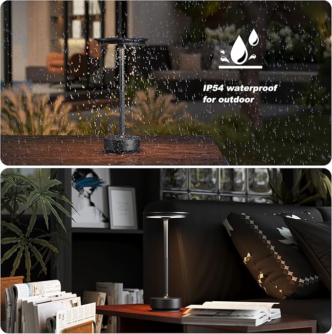 TBBGA 1 Pack Rechargeable Table Lamps Cordless, 5000mAh Outdoor Table Light | 3 Color Stepless Dimming Portable LED Table Lamp with Memory Function, for Home/Dinner/Patio/Restaurant.(Black)