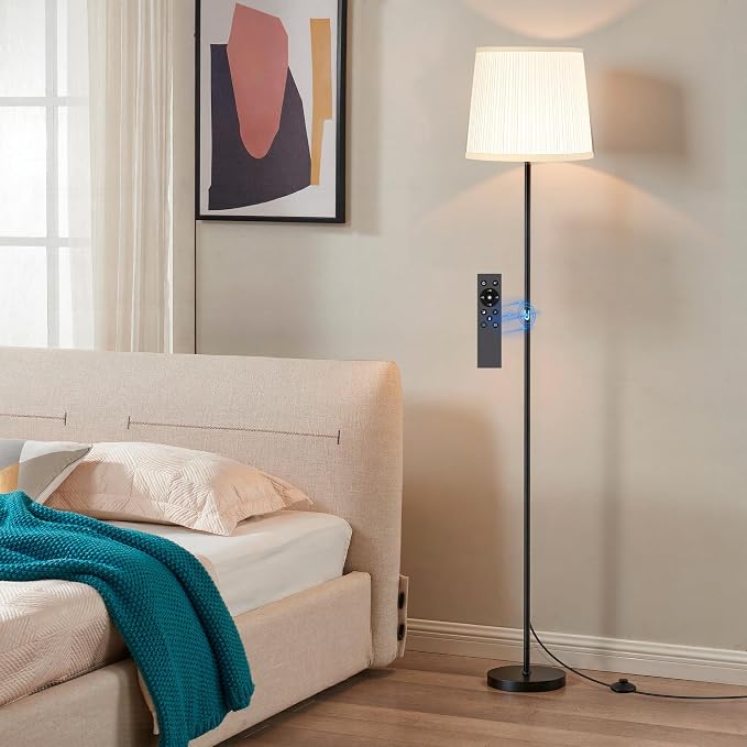 Dimmable Floor Lamp with Pleated Shade for Living Room | Dimmable LED Standing Lamp with Remote & Foot Switch, Modern Floor Reading Light for Bedroom Office Corner