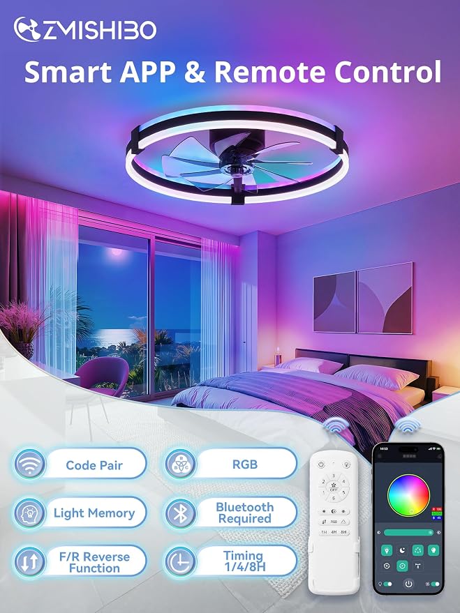ZMISHIBO 23" RGB Low Profile Ceiling Fans with Lights and Remote, Black | Custom RGB+3CCT Dimmable, 6 Speeds, Remote/App Control, Reversible DC Motor, Memory, Timer, Modern Fandelier for Kids/Bedroom