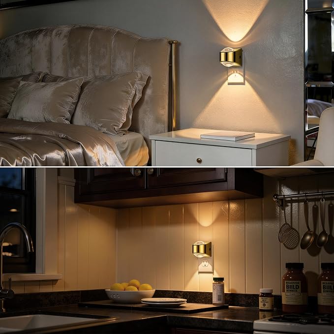 Projector Night Light, Rotating Gold Night Lights Plug into Wall | Dimmable, Soft White 3000K, Dusk to Dawn Light Sensor Nightlight, Kids, Bedroom, Nursery, Bathroom, Home Decor, Gaming Room