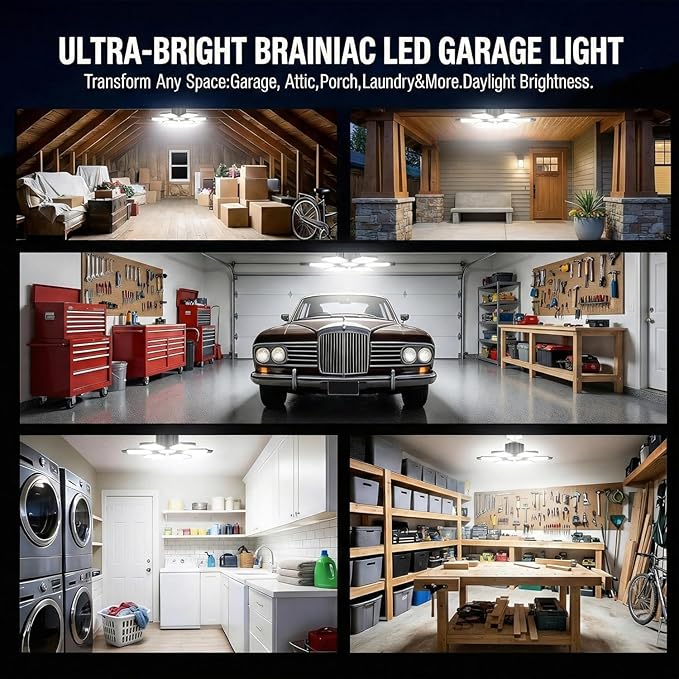 BRAINIAC 100W LED Garage Lights, 10000LM Super Bright Shop Lights with 6 Adjustable Panels, Deformable Garage Ceiling Light Bulb for Workshop, Barn, Basement, Warehouse (2 Pack