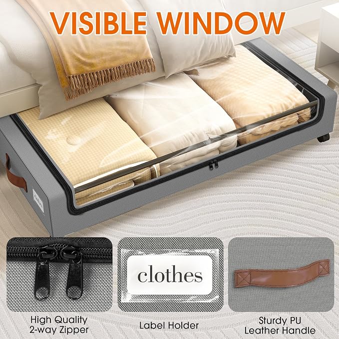 Under Bed Storage with Wheels 2Pack Storage Containers with Clear Window | Under Bed Drawers Rolling Under Bed Storage for Clothes,Shoes, Blankets (30.71 x 16.93 x 6.69 in, Light Grey)