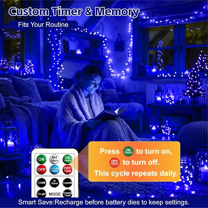 6 Pack Rechargeable Fairy Lights,7ft 20LEDs, Remote & DIY Timer | Dimmable Silver Wire, Mini Twinkle Lights, For Mason Jar, Indoor Christmas Bedroom Wedding Decor, Blue